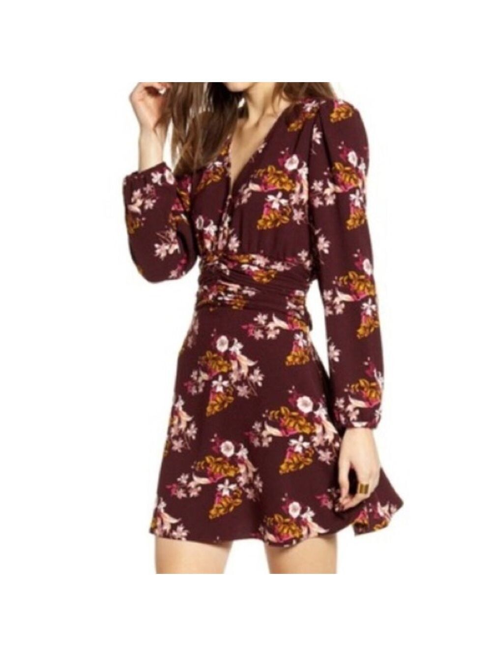 Chelsea28 ruched floral long sleeve mini dress size M